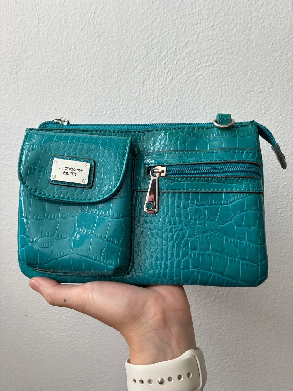 Liz Claiborne Teal Croc-Embossed Mini Wristlet Pouch